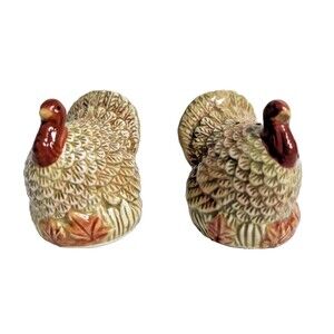 Turkeys Salt Pepper Shakers Fall Leaves Ceramic Thanksgiving 2.5-in Gift NEW